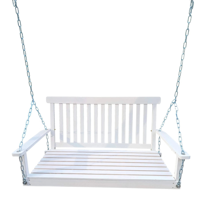 White Wooden Porch Swing with Armrests and Hanging Chains for Outdoor Patio or Sunroom Default -DTYStore