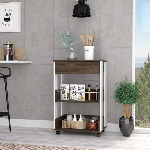 White and Dark Walnut 1-Drawer 2-Shelf Kitchen Cart with Caster Default -DTYStore