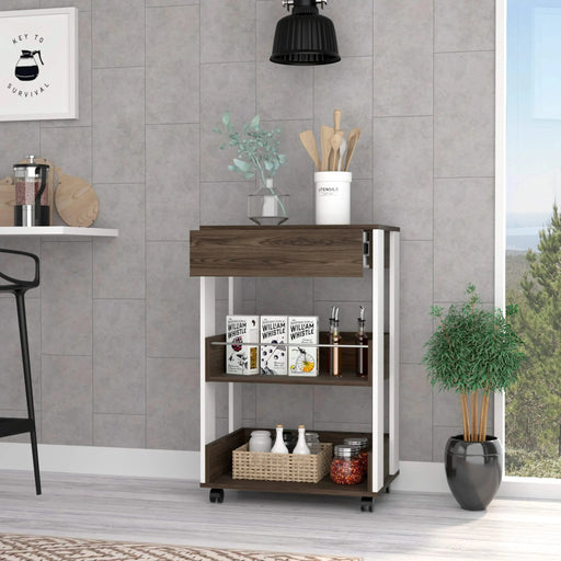 White and Dark Walnut 1-Drawer 2-Shelf Kitchen Cart with Caster Default -DTYStore