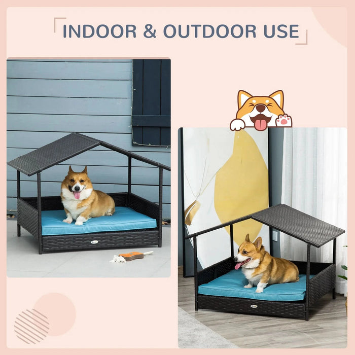 Wicker Dog House Elevated Raised Rattan Bed for Indoor/Outdoor with Removable Cushion Lounge, Blue - DTY Store