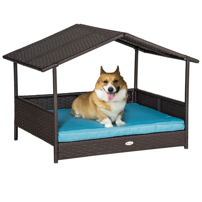 Wicker Dog House Elevated Raised Rattan Bed for Indoor/Outdoor with Removable Cushion Lounge, Blue - DTY Store