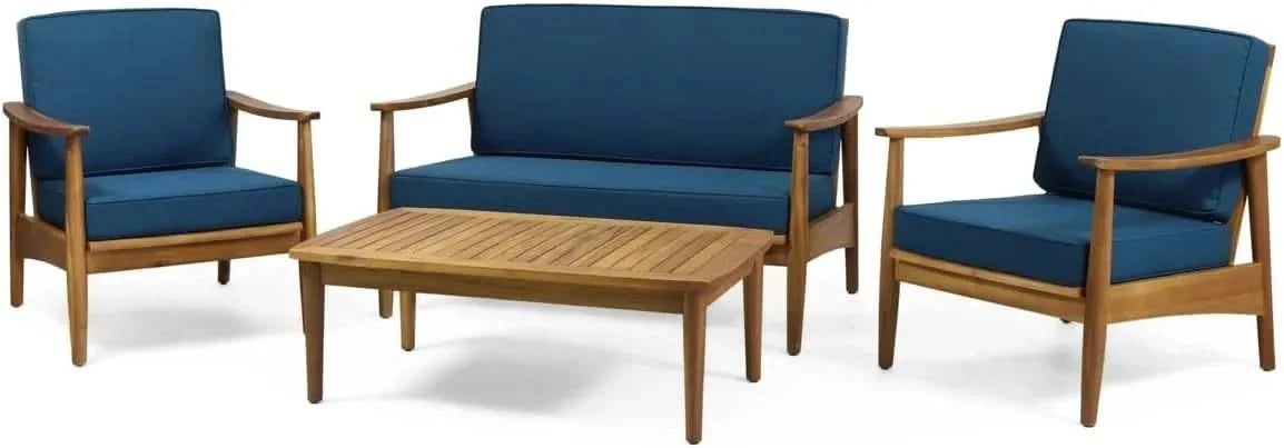 Willowbrook Teak Brown 4-Piece Wood Outdoor Patio Conversation Seating Set with Dark Teal Cushions Default -DTYStore