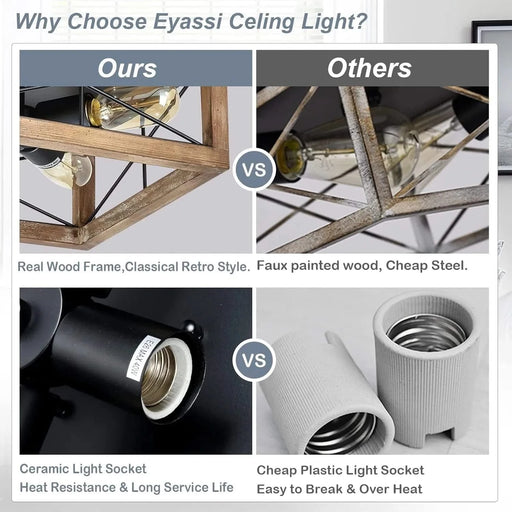 Wooden Flush Mount Ceiling Lights, 4-Light Farmhouse Close to Ceiling Lighting Fixtures Black Ceiling Lamp for Kitchen Island Living Room Bedroom Hallway Laundry Entryway Default -DTYStore