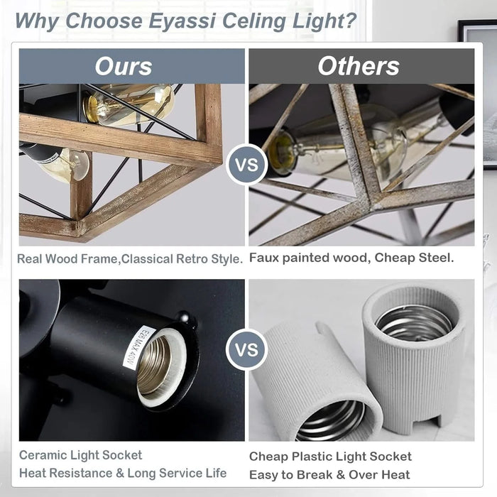 Wooden Flush Mount Ceiling Lights, 4-Light Farmhouse Close to Ceiling Lighting Fixtures Black Ceiling Lamp for Kitchen Island Living Room Bedroom Hallway Laundry Entryway Default -DTYStore