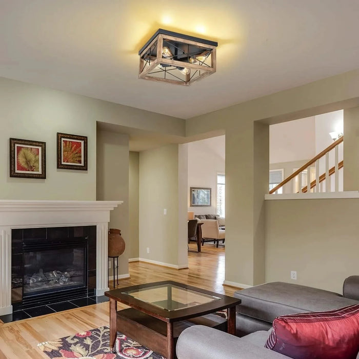 Wooden Flush Mount Ceiling Lights, 4-Light Farmhouse Close to Ceiling Lighting Fixtures Black Ceiling Lamp for Kitchen Island Living Room Bedroom Hallway Laundry Entryway Default -DTYStore