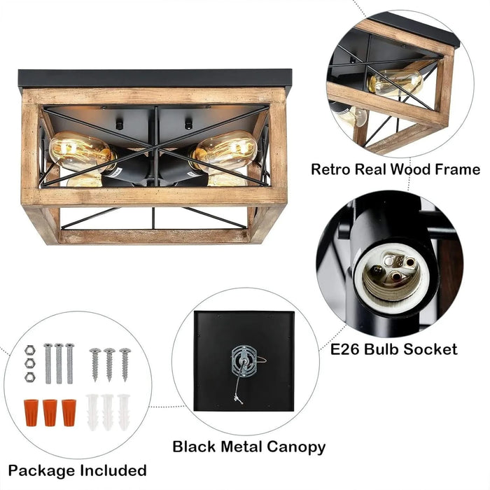 Wooden Flush Mount Ceiling Lights, 4-Light Farmhouse Close to Ceiling Lighting Fixtures Black Ceiling Lamp for Kitchen Island Living Room Bedroom Hallway Laundry Entryway Default -DTYStore