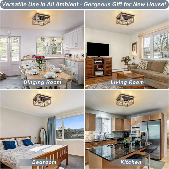 Wooden Flush Mount Ceiling Lights, 4-Light Farmhouse Close to Ceiling Lighting Fixtures Black Ceiling Lamp for Kitchen Island Living Room Bedroom Hallway Laundry Entryway Default -DTYStore