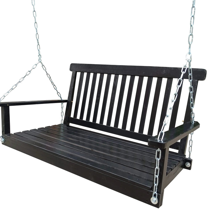 Wooden Porch Swing with Armrests and Hanging Chains for Outdoor Spaces, Black, Solid Wood, 47.2 x 28.15 inches Default -DTYStore