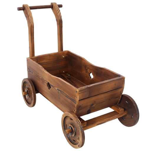 Wooden Wagon Planter Box, Mobile Garden Planter with Wheels, Handle, Drain Hole, Brown Wood, 26.5 x 14.1 x 21.2 inches Default -DTYStore