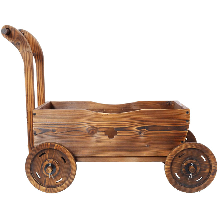 Wooden Wagon Planter Box, Mobile Garden Planter with Wheels, Handle, Drain Hole, Brown Wood, 26.5 x 14.1 x 21.2 inches Default -DTYStore