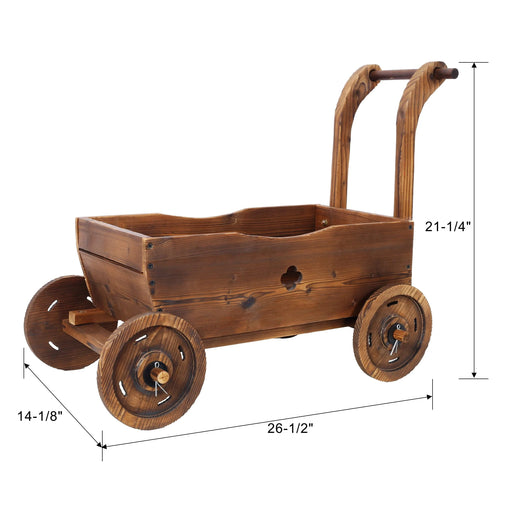 Wooden Wagon Planter Box, Mobile Garden Planter with Wheels, Handle, Drain Hole, Brown Wood, 26.5 x 14.1 x 21.2 inches Default -DTYStore