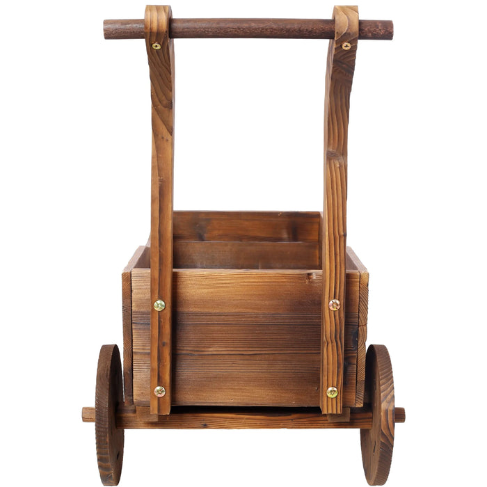 Wooden Wagon Planter Box, Mobile Garden Planter with Wheels, Handle, Drain Hole, Brown Wood, 26.5 x 14.1 x 21.2 inches Default -DTYStore
