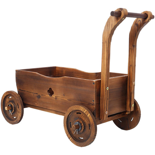 Wooden Wagon Planter Box, Mobile Garden Planter with Wheels, Handle, Drain Hole, Brown Wood, 26.5 x 14.1 x 21.2 inches Default -DTYStore