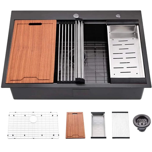 Workstation 33-inch Drop-In Kitchen Sink R10 Radius Stainless Steel Kitchen Sink Single Bowl with Intergrated Ledge & Accessories (Pack of 5) -33'x22'x10' Default -DTYStore