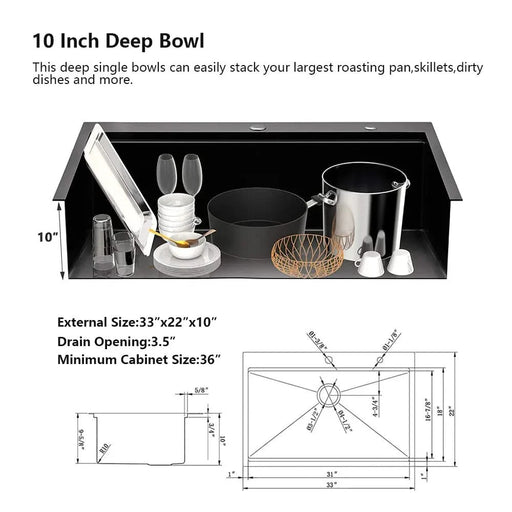 Workstation 33-inch Drop-In Kitchen Sink R10 Radius Stainless Steel Kitchen Sink Single Bowl with Intergrated Ledge & Accessories (Pack of 5) -33'x22'x10' Default -DTYStore