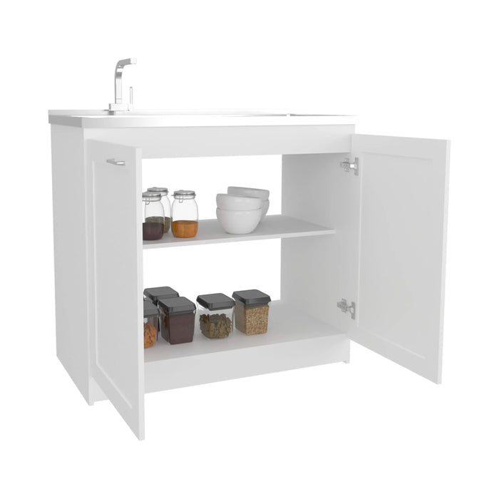 Zurich 39' Wide Utility Sink, Base Cabinet Two-Door Cabinet With Two Shelves, Stainless Steel Sink, Kitchen, Laundry Room, Garage Sink White Default -DTYStore