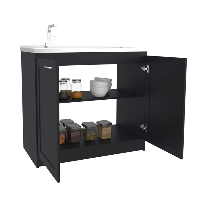 Zurich 39' Wide Utility Sink, Base Cabinet Two-Door Cabinet With Two Shelves, Stainless Steel Sink, Laundry Room, Garage Sink, Black Default -DTYStore
