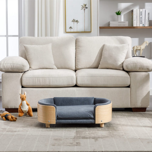 Scandinavian style Elevated Dog Bed Pet Sofa With Solid Wood legs and Bent Wood Back, Velvet Cushion,Mid Size,Dark Grey - Image 6