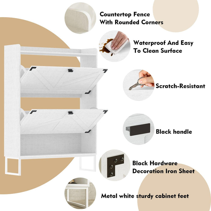 Shoe Cabinet with 2 Flip Drawers,Shoe Storage Cabinet for Entryway,Freestanding Shoe Cabinet Organizer with Open Storage,Narrow Farmhouse Shoe Rack with Metal Corner Decoration Legs,White - DTYStore