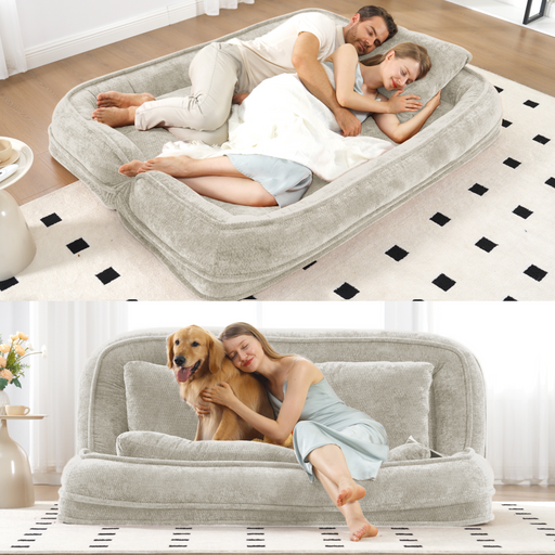 [NEW ARRIVED] [VIDEO PROVIDED] Double human dog bed,Lazy sofa ,Loveseat,Fits You & Pets,Extra Large Floor Couch,Can sit or lie down,2-in-1,5 Adjustable Position, Plump Pillow,2 Seat,Chenille,Beige