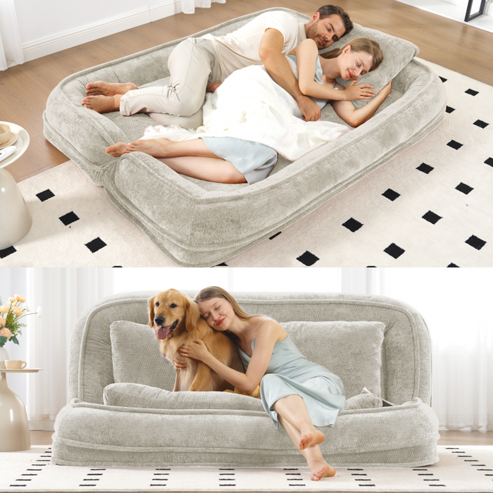 [NEW ARRIVED] [VIDEO PROVIDED] Double human dog bed,Lazy sofa ,Loveseat,Fits You & Pets,Extra Large Floor Couch,Can sit or lie down,2-in-1,5 Adjustable Position, Plump Pillow,2 Seat,Chenille,Beige