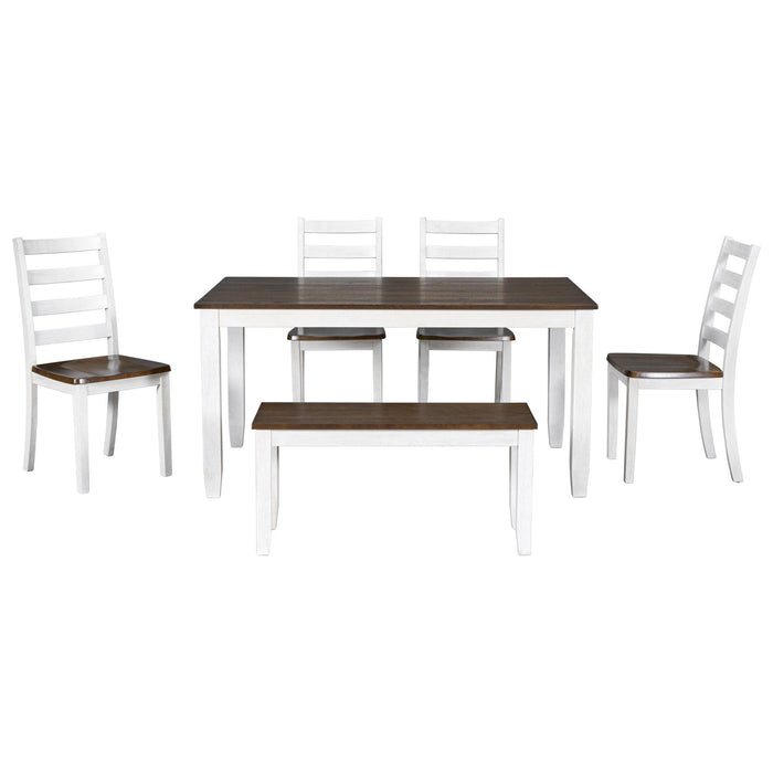 Rustic Style 6-Piece Dining Room Table Set with 4 Ergonomic Designed Chairs & a Bench (Walnut + Cottage White) - DTYStore