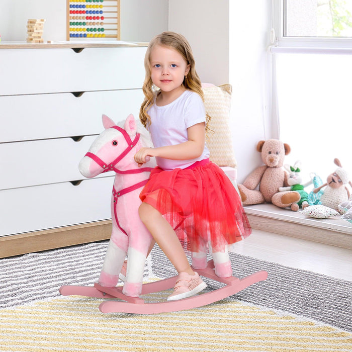 Kids Plush Toy Rocking Horse Pony Toddler Ride on Animal for Girls Pink Birthday Gifts with Realistic Sounds, Pink - DTYStore