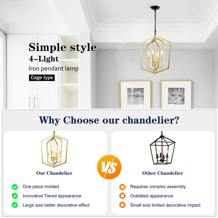 4-Light Farmhouse Kitchen Chandeliers, Vintage Cage Light Fixture Adjustable Height Chandeliers for Dining Room Hallway Foyer Entryway(E12 Bulbs Not Included)--GOLD+MATTE BLACK - DTYStore