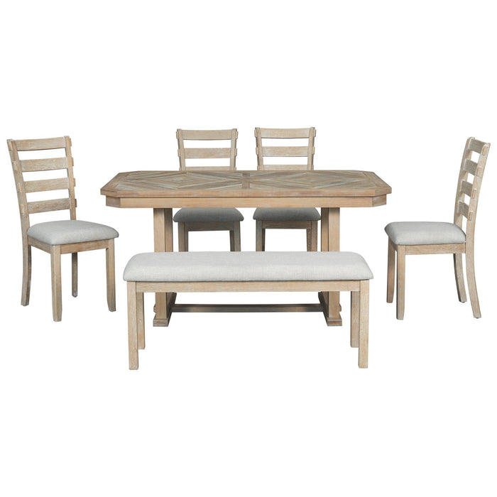 6-Piece Rubber Wood Dining Table Set with Beautiful Wood Grain Pattern Tabletop Solid Wood Veneer and Soft Cushion (Natural Wood Wash) - DTYStore