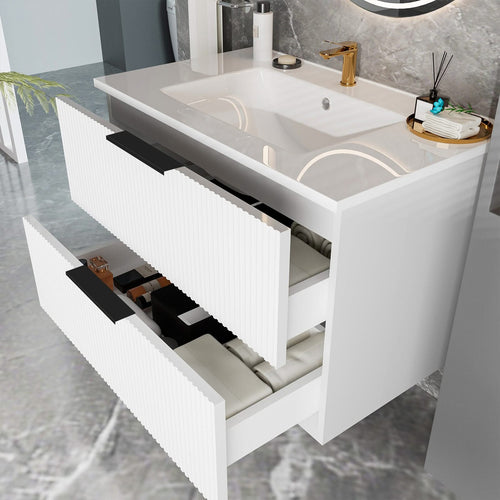 30 Inch Bathroom Vanity Cabinet With Ceramic Sink - White Wall Mounted Floating Fluted Vanity With Drawers, Modern - Image 11