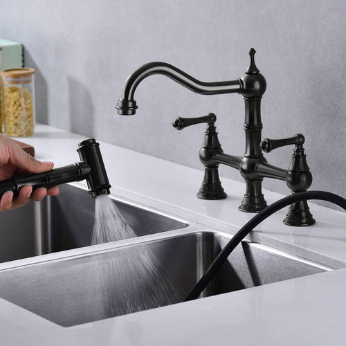 Bridge Dual Handles Kitchen Faucet With Pull-Out Side Spray in - Image 4
