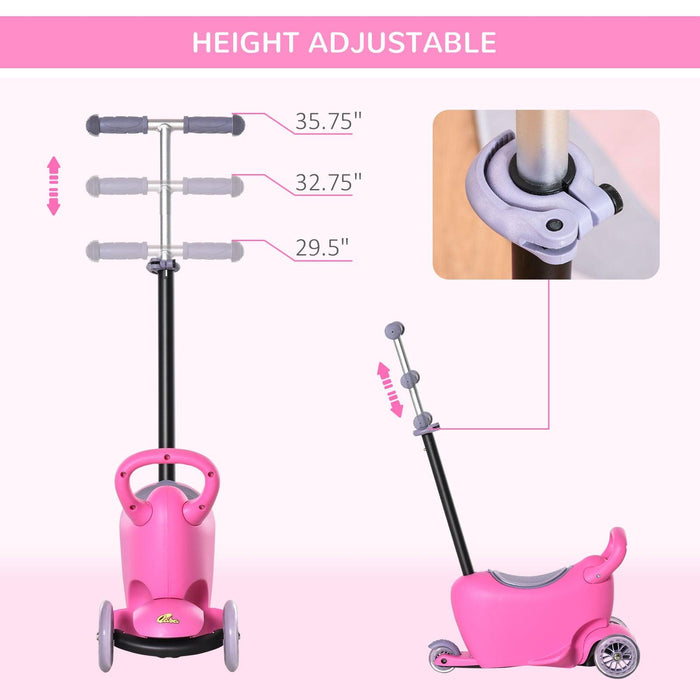 3-in-1 Ride On Push Car, Kids Scooter, Sliding Walker, Push Rider, with Adjustable Handlebar, 3 Balanced Wheels, Removable Storage Seat, for Boys and Girls Aged 2-6 Years Olds, Pink - DTYStore
