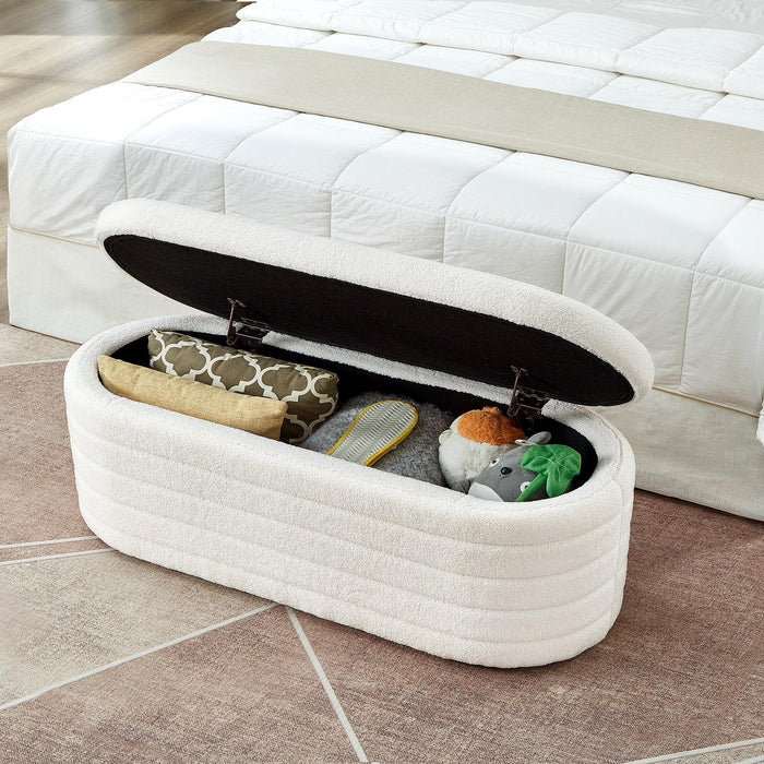 Modern Oval Storage Ottoman Bench, Upholstered Boucle Teddy Fabric End of Bed Bench with Storage, End of Bed Stool with Safety Hinge for Bedroom, Living Room, Entryway, White