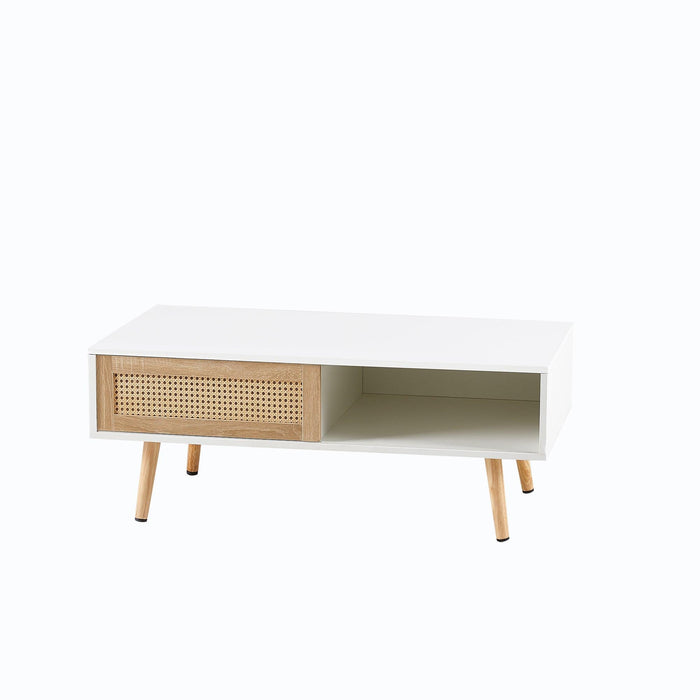41.34" Rattan Coffee table, sliding door for storage, solid wood legs, Modern table for living room ,White - DTYStore