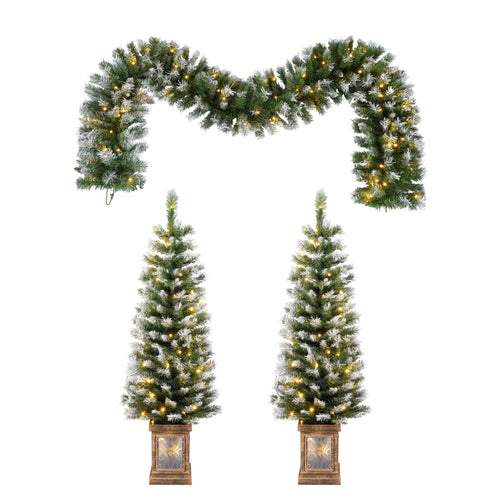 Artificial Christmas 3-Piece Set Wreath and 2 Entrance Trees with LED Lights in White+Green, Premium PVC with Metal Stand, 4 ft Height - Image 1