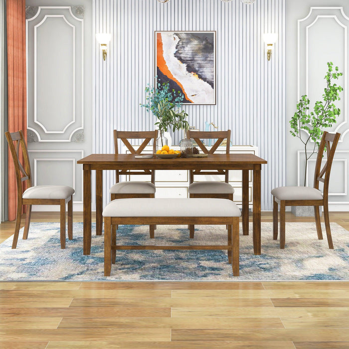 6-Piece Kitchen Dining Table Set Wooden Rectangular Table, 4 Chairs and Bench Family Furniture - DTYStore