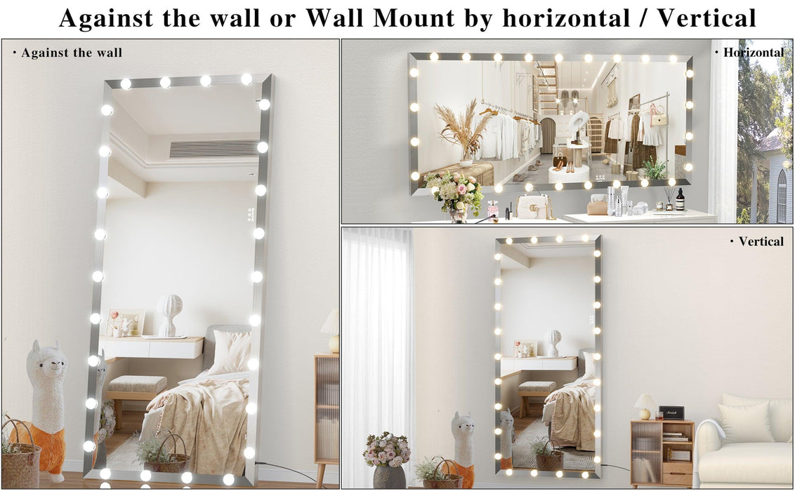 Hollywood Full Length Mirror with Lights Oversized Full Body Vanity Mirror with 3 Color Modes Lighted Large Standing Floor Mirror for Dressing Room Bedroom Hotel Touch Control,Silver,72X32 Inch - DTYStore