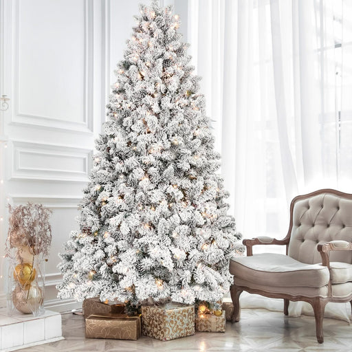7FT Flocked Christmas Tree with 500 UL Lights and 45 Natural Pine Cones – Snowy PVC Tips, 1124 Tips, Hinged Structure, Stable Metal Stand, Easy Setup
