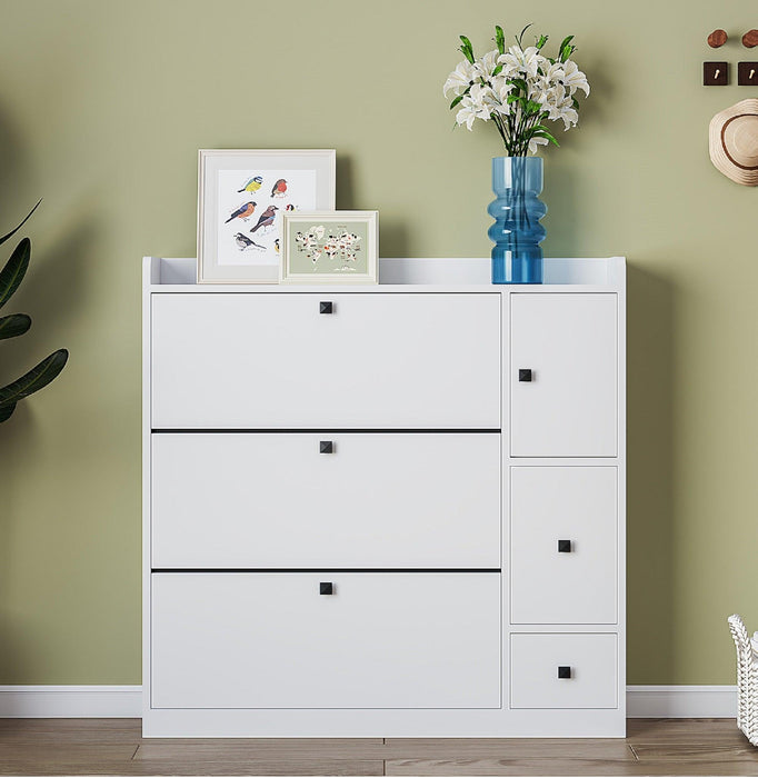 Versatile Tipping Bucket Shoe Cabinet with 3 Flip Drawers, Maximum Storage Entryway Organizer with Drawer, Free Standing Shoe Rack with Pull-down Seat for Hallway, White - DTYStore