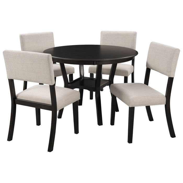 5-Piece Kitchen Dining Table Set Round Table with Bottom Shelf, 4 Upholstered Chairs for Dining Room(Espresso) - DTYStore