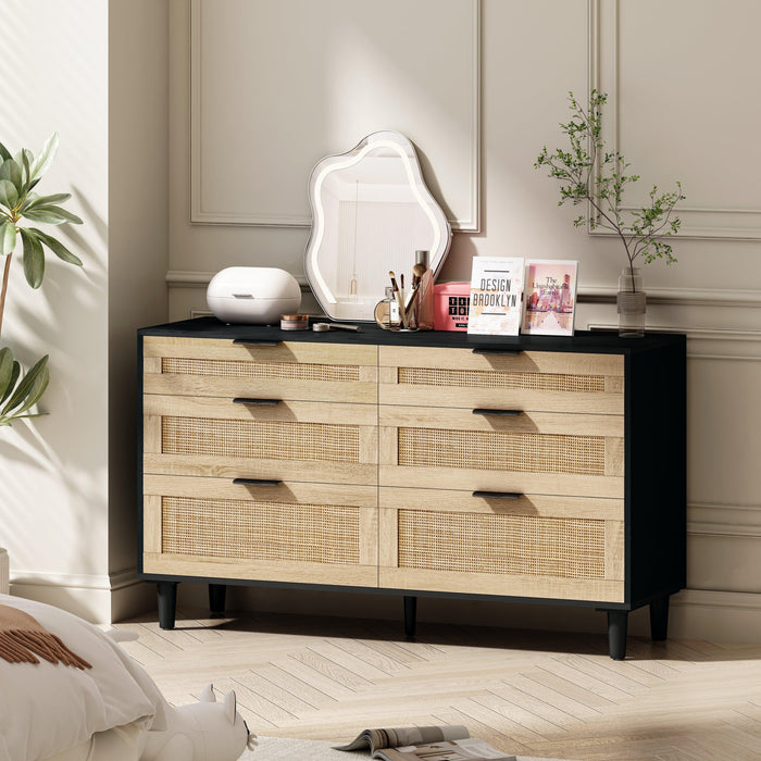 51" Rattan Dresser for Bedroom, 6 Drawer Dresser, Clothes Storage Cabinet for Bedroom, Metal Handle&Wood Legs for Hallway, Living Room, Bedroom,Black - DTYStore