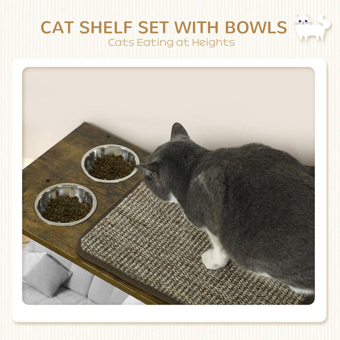 Cat Wall Shelves, Cat Wall Furniture with Perches, Scratching Posts, Ladder, Feeder Bowls, 8 Piece Wall Mounted Cat Shelves for Climbing, Sleeping, Playing, Brown - DTYStore