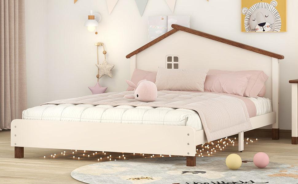 Full Size Wood Platform Bed with House-shaped Headboard (Cream+Walnut) - DTYStore