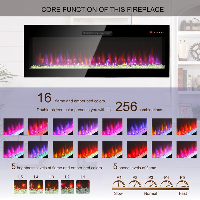 60 Inch Electric Fireplace, Recessed and Wall Mounted Fireplace - DTYStore