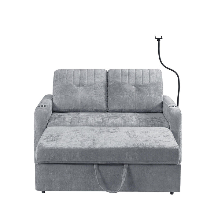 53.9" Modern Loveseat Pull-out Sofa Bed with Adjustable Backrest, Two Cup Holders , a Phone Holder, Three Charging Ports and Side Storage Pockets for Living Room, Grey - DTYStore
