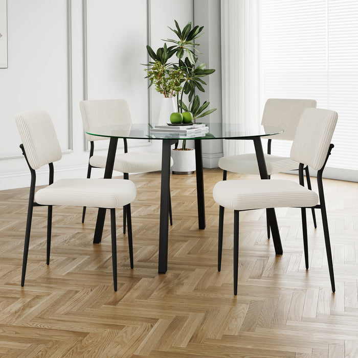 Modern simple table with a glass round table and four chairs. Transparent tempered glass countertop, black metal legs, suitable for kitchen living room dining room (set of 5)