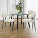 Modern simple table with a glass round table and four chairs. Transparent tempered glass countertop, black metal legs, suitable for kitchen living room dining room (set of 5)