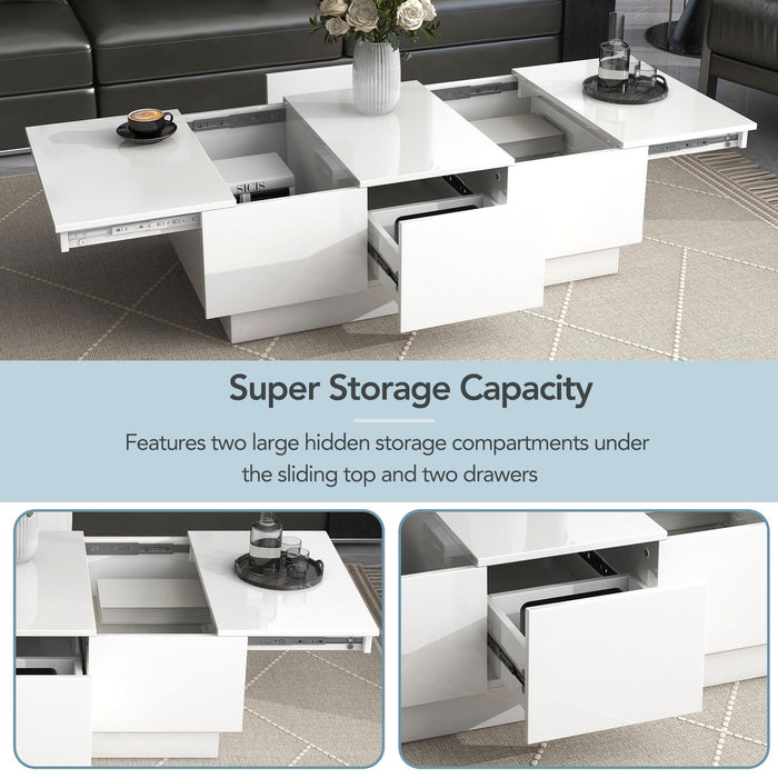 Coffee Table with 2 large Hidden Storage Compartment, Extendable Cocktail Table with 2 Drawers, High-gloss Center Table with Sliding Top for Living Room, 39.3"x21.6", White - DTYStore