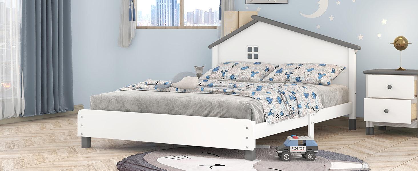 Full Size Wood Platform Bed with House-shaped Headboard (White+Gray) - DTYStore