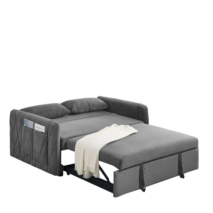 55" Modern Convertible Sofa Bed with 2 Detachable Arm Pockets, Velvet Loveseat Sofa with Pull Out Bed, 2 Pillows and Living Room Adjustable Backrest, Grid Design Armrests - DTYStore